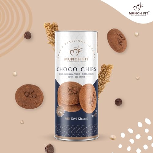 Image of Munch Fit Millet Choco Chip Cookies, Egg Less Cookies Made with Desi Khand 125gm Pack of 4 | Healthy, Tasty & Crunchy Jowar Choco Chip for Kids & Adults | Protein Rich No Maida, No Added Sugar