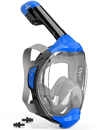 EMSINA-Full Face Snorkel Mask Adult The Perfect Snorkeling Gear for Adults and Kids, Upgrade Dry Top Breathing System-New flowtech Design- Foldable Panoramic View, Anti Leak&Fog_BlueXS