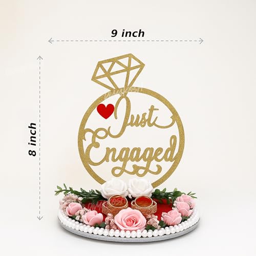 Image of Divyakosh Just Engaged Red MDF Engagement Ring Holder Tray 8x9 inch | Classy Ring Platter for Engagement Ceremony | Engagement Ring Display Box for Couples | Decorative Ring Holder Gift Tray