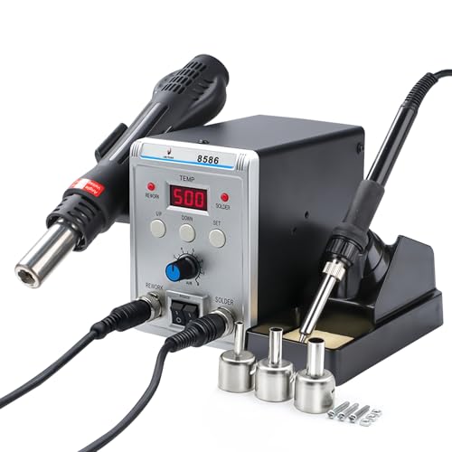 Victool Station de soudage 2 en 1, kit de fer à souder à air chaud avec 3 buses d'air, température réglable de 200 à 480 °C, écran numérique, professionnel pour réparation électronique