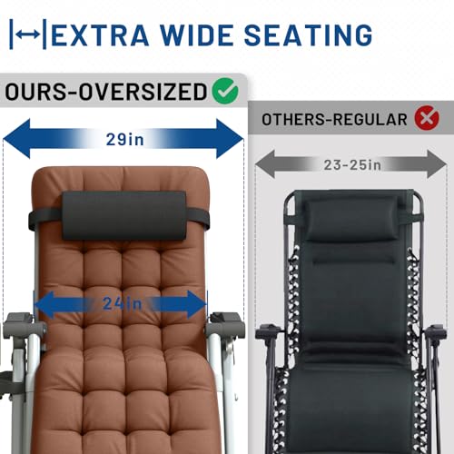Oversized Zero Gravity Chair, XL Lounge Chair 29” Width, Padded Recliner Chair W/Removable Cushion & Adj Headrest, Storage Bag, Footrest Cushion, Cup Holder, for Indoor Outdoor, Brown
