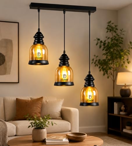 Image of DECOHOME Modern Ceiling Light Pendant Lamp | Stylish Hanging Lights for Dining, Kitchen & Living Room | Premium Build with Elegant Design & Warm Ambient Lighting (Golden-Black-Luster Set)