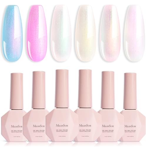 Image of MelodySusie 7.5ML Glitter Gel Nail Polish Set, 6 Colors Aurora White Sparkle Gel Polish Kit Aurora Blue Pink Shimmer Gel Polish Gifts for Women Nail Art Manicure Salon DIY Nail Design at Home