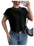SweatyRocks Women's Short Sleeve Pearl Top Elegant Mock Neck Dressy Casual T Shirts Black Large