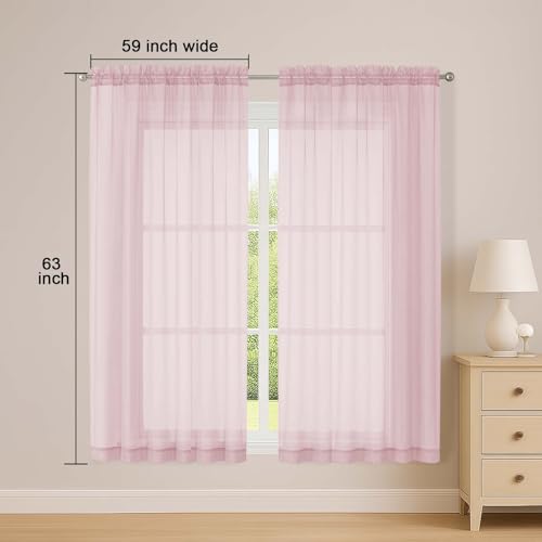 Image of OWENIE Sheer Blush Curtains, Sheer Curtains 63 inch Length 2 Panels Set, Rod Pocket Voile Fimly Sheer Drapes for Living Room Bedroom, 2pcs, Blush, Each 59 inch W x 63 inch L