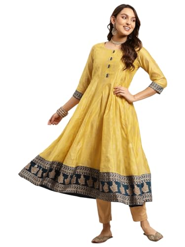 Image of rangita Off White Chanderi Calf Length Printed Flared Kurti for Women | Kurta for Women