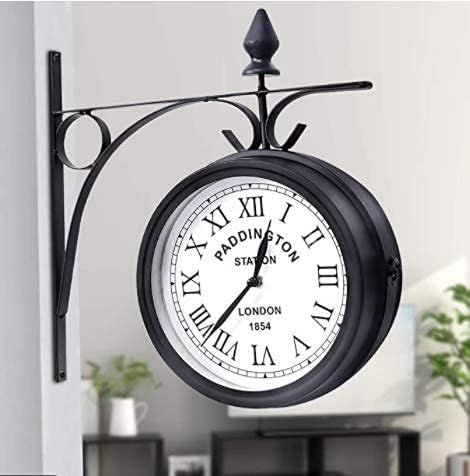 Double Sided Wall Clock, Garden Clocks Outdoor Waterproof Retro Stand Clock Paddington Station Wall Clock Vintage Antique-Look Bracket Indoor, Metallic