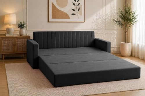 Image of Modern Velvet 3 Seater Sofa Cum Bed with Armrest, Convertible Sleeper Couch Sofa for Living Room, Bedroom & Office - Black Color