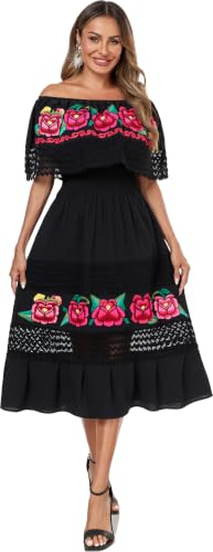 Image of YZXDORWJ Women Embroidered Mexican Peasant Casual Sexy Lace Off-Shoulder Long Dress