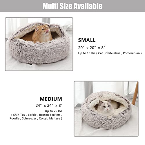 Calming Dog Beds & Cat Cave Bed With Hooded Cover,Removable Washable Round Beds For Small Medium Pets,Anti-Slip Faux Fur Fluffy Coved Bed For Improved Sleep,Fits Up To 15/25 Lbs (Small,20"X20") #TOP5