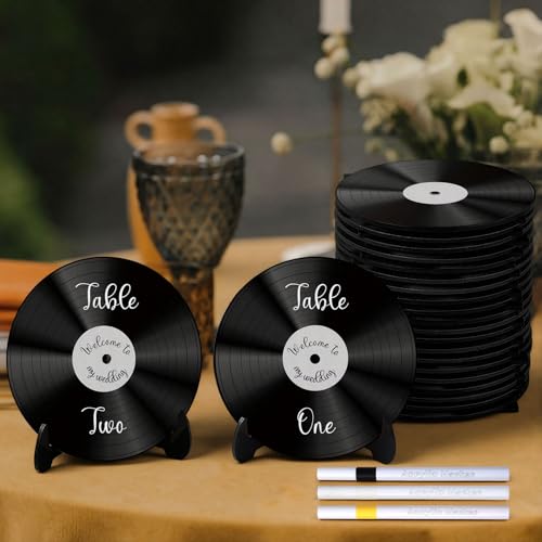 Novabright 20 Pcs Vinyl Record Wood Wedding Table Numbers with Easel Stand Retro Music Wedding Party Decorations for Reception DIY Doodle Fake Records Table Signs with 3 Markers for Souvenir Gifts