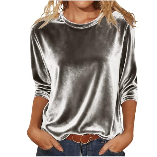 Womens Velvet Tops UK Elegant - Ladies Velvet Blouses 3/4 Sleeve Crewneck Vintage Solid Color Velour Pullover Casual Tunic Baggy Tee Shirts Party Work Office Clothes Spring Outfits Gray