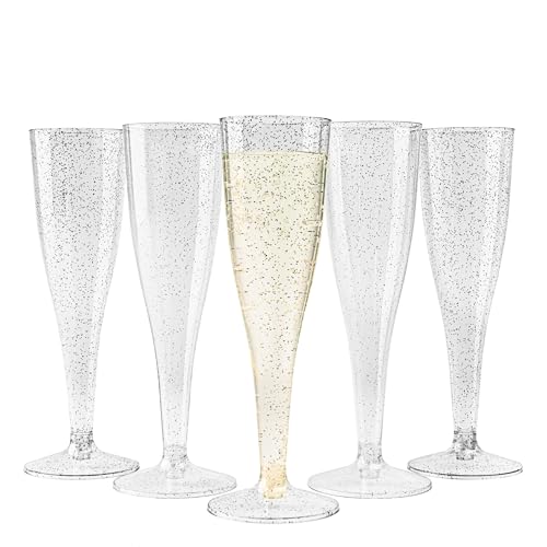 Matana - 48 Flute da Champagne in Plastica con Glitter Argento, 133ml - Bicchieri da Champagne per Matrimoni, Compleanni, Natale e Feste - Eleganti, Resistenti e Riutilizzabili