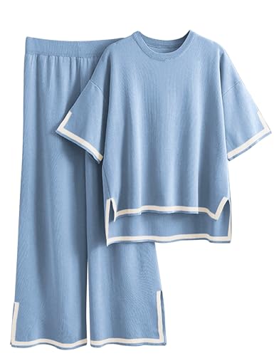 Image of Tanming Sweater Sets Women 2 Piece Lounge Sets Short Sleeve Knit Pullover Tops Wide Leg Pants