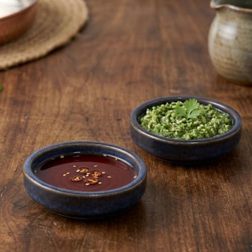 Image of Freakway Ceramic Reactive Glaze Shallow Bowls, Blue, Round, Set of 2, Microwave & Dishwasher Safe