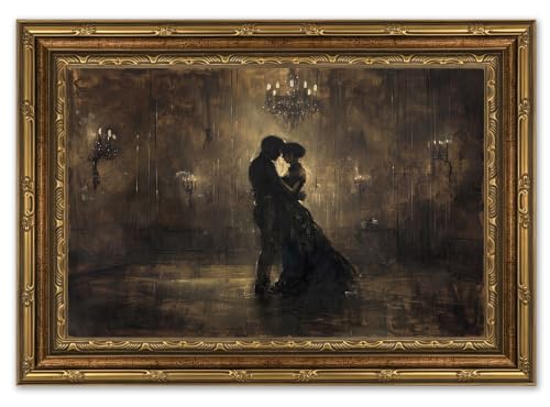 Vintage Gold Framed Moody Romantic Couple Canvas Wall Art, Victorian Ballroom Painting Picture Wall Decor, Dark Academia Dancer Poster Print Artwork for Living Room Bedroom Home Decoration 9x11in