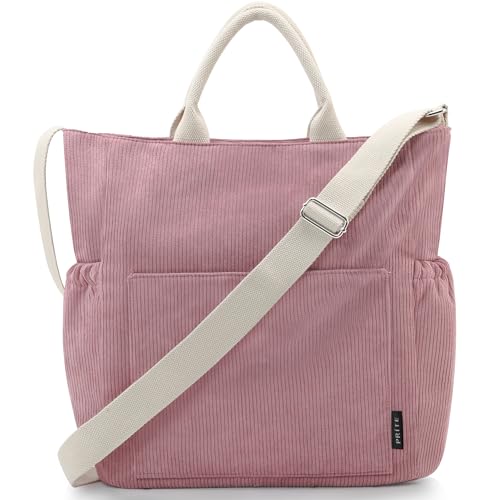 Prite Shopper Tasche Damen Groß Cordtaschen Tote Bag Cord Beuteltasche Stofftasche mit Verstellbarem Schultergurt für Arbeit Reisen Einkaufen Schule College