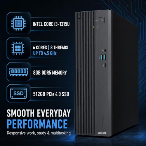 Image of ASUS V500SVC-I3 Slim Desktop Computer, Intel Core i3-1315U, 16GB DDR5 RAM, 1TB PCIe 4.0 NVMe SSD, Wi-Fi 6, Windows 11 Home, Keyboard and Mouse, Dark Gray