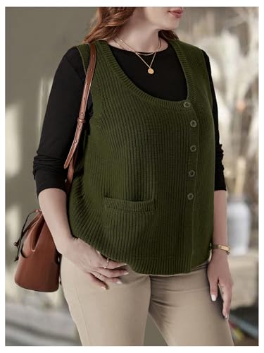 MakeMeChic Women's Plus Size Sweater Vest Scoop Neck Button Down Crochet Knit Sleeveless Sweater Vest3