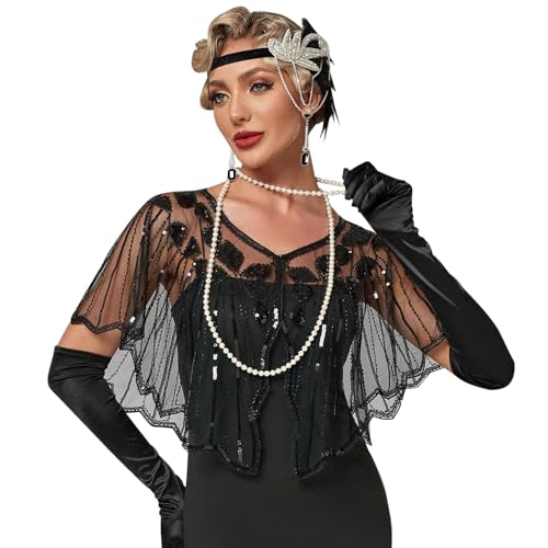 Women Vintage 1920s Flapper Shawl Wraps Sequin Beaded Mesh Short Cape Gatsby Cover Up Evening Party Bridal Cloak