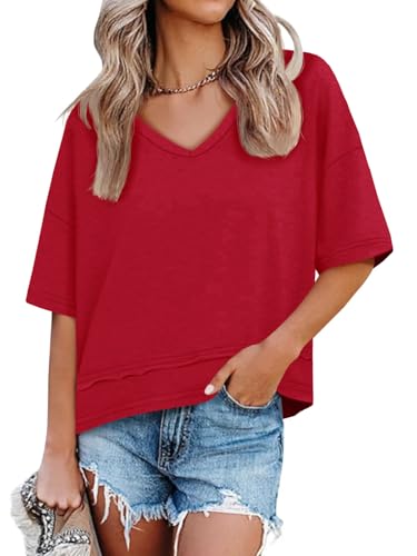 Image of UNCLECAT Womens V Neck T Shirts Summer Trendy Loose Fit Casual Tops Tees