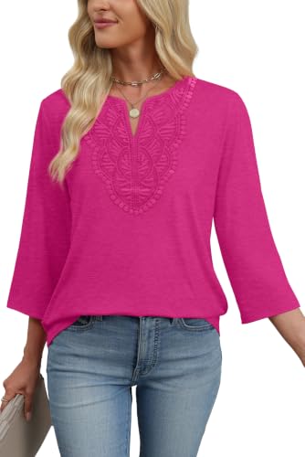 Image of WIHOLL 3 /4 Length Sleeve Womens Tops Boho V Neck Lace Shirt Trendy Blouses Dressy Casual Vacation Clothes S-3XL