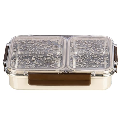 Image of Polyset Munch Mate 800 2 PARTITION - Beige Compartment Stainless Steel Lunch Box, Leakage Proof Lunch Box for School Kids and Adults Pack of 1 800ml
