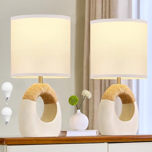 EJIAXIN Boho Rattan Table Lamps - Set of 2 for Bedroom