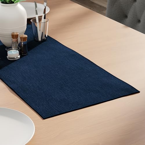 Image of Encasa XO Dining Table Runner for 4 Seater, Chenille Fabric Blue