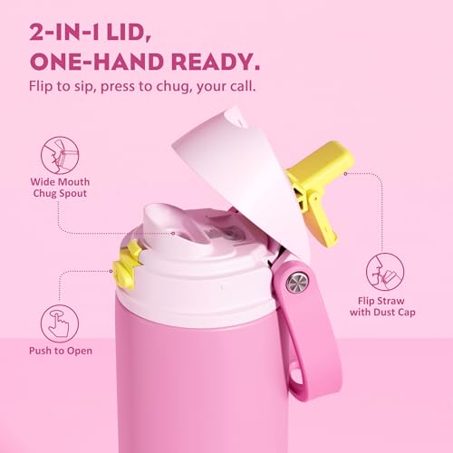POWCAN 24 oz Steel Water Bottle: 2-in-1 Push-Button Spout & Quick-Flip Straw, Leakproof, Cold 24Hrs, Fits Car Cup Holder, Insulated Cup for Sports, Travel, School, Gift for Women, Girls (Rose Slumber) — view 2
