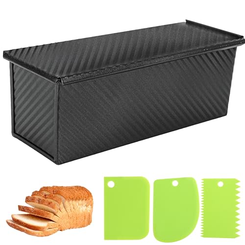 2.2lb Pullman Loaf Pan with Lid, 13inch SP-031 Bread Pan with Dough Scraper Cutter, Black Covered Loaf Pan for Sandwich Bread