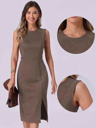 Image of Allegra K Faux Suede Dresses for Women's Sleeveless Crewneck Split Hem Work Office Sheath Dress