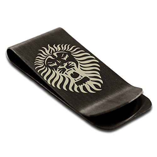 Matte Black Stainless Steel Pharaoh Lion King Engraved Money Clip Credit Card Holder