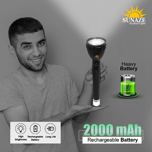 Image of Sunaze Rechargeable Emergency Led Torch Light /Flashlight with Lithium Battery 2 in 1 Torch with Back Light Lamp
