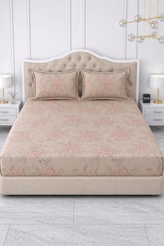 Image of 300 TC Cotton Feel Glace Cotton Elastic Fitted Bedsheet for King Size Double Bed | Fits up to 8 Inch Mattress | Printed Bedsheet with 2 Pillow Covers (Petal Pulse, Double Size - 72 inchx72 inch)