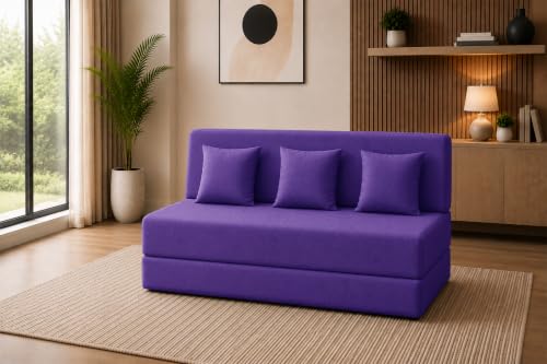 Image of Sofa Cum Bed with Jute Fabric, Convertible Three Seater Sofa Bed 5x6 Ft, Comfortable Cushioned Seating, Space Saving Design for Living Room, Bedroom & Guest Room - Purple Color