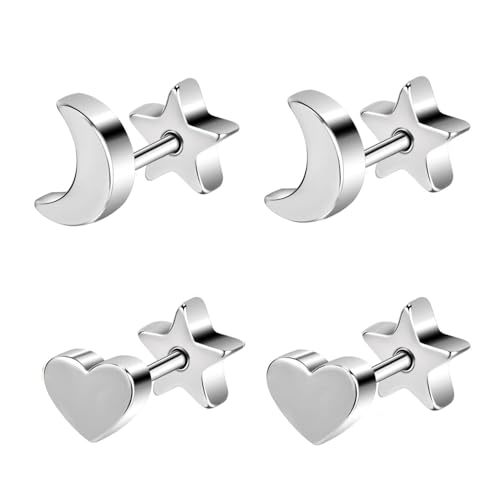 AOEDEJ 2 Pairs Cartilage Earrings for Women Flat Back Earring Hypoallergenic Moon Stars Heart Design Titanium Screwback Cartilage Piercing Birthday Gift for Men