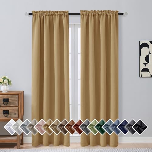 Image of Gold Blackout Curtains for Bedroom 84 Inch Length 2 Panels Set, Soft Fabric Room Darkening Curtains for Living Room, Dual Rod Pocket Design Modern Window Treatment Drapes, 2x40Wx84L Inches