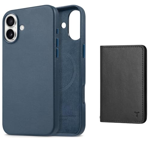 Coque iPhone 16 Plus résolvant l'encombrement grâce au porte-cartes magnétique simili cuir bleu