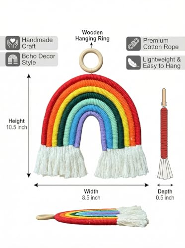 Image of JH Gallery Rainbow Wall Hanging Macrame Decor - Handmade Cotton Rope Colorful Boho Wall Art for Nursery, Bedroom, Baby Room & Home Styling