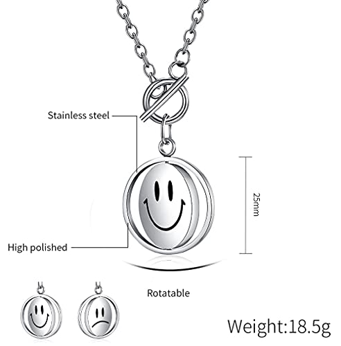 Rotatable Smile Cry Sunflower Change Mood Choker Necklace for Men Women Anti Anxiety Fidget Peace Spinner Pendant Inspirational Statement Titanium Stainless Steel Couple Chain Boyfriend Girlfriend Valentine Birthday Gifts3