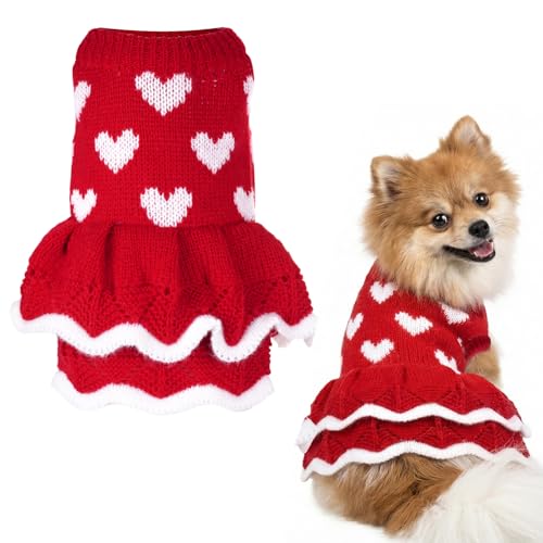 Lystaii Dog Sweater Dress Knitted Heart Sweaters Valentines Day Dog Clothes Warm Pet Christmas Outfit for Cold Weather (Red, X-Small)