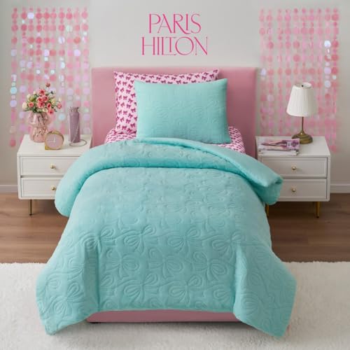 Paris Hilton 2 Piece Twin XL/Twin Comforter Set with 1 Pillow Sham - Soft Warm Chic & Lightweight Quilted Bed Spreads, Housewarming & Birthday Gifts for Women & Teen Girls, Blue Bows (Blaine) by Paris Hilton - Used condition - Image 2