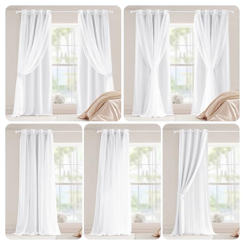 Image of PONY DANCE White Curtains, 52 W by 84 L, Pure White, 2 Pieces | Double Layer Curtains 84 inches Long with Sheer Overlay Nursery Panels for Bedroom /Living /Dining Room