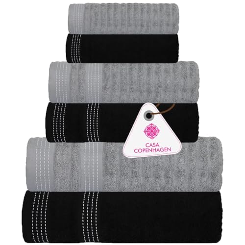 CASA COPENHAGEN Elegance Collection Towel 550gsm Egyptian Cotton Towel for Hotel, Spa, Kitchen and Bathroom 6 Piece Set of 2 Bath, 2 Hands, 2 Washcloths - Grey + Black