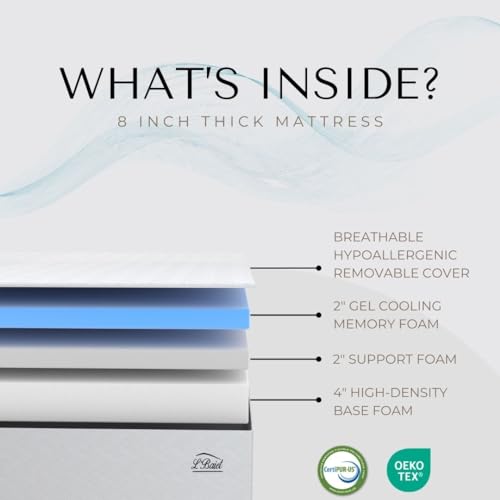 Image of L'Baiet 8 Inch Gel Memory Foam Mattress, Twin Size - Bed in a Box - Medium Firm - Breathable Cooling-Gel Comfort Technology - Pressure Relief Comfy Support Soft Fabric Cover - CertiPUR-US Certified