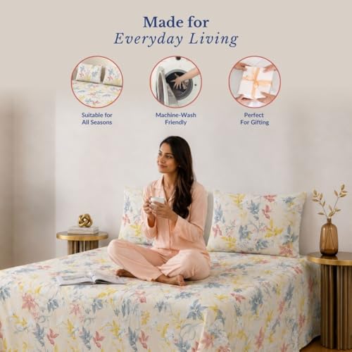 Image of Jaipur Weaves Double Bed Cotton Bedsheet Queen Size 90x100, 100% Pure Cotton Bed Sheet with 2 Pillow Covers, 240 TC Soft Breathable Floral Design - (Orange Floral, Queen)