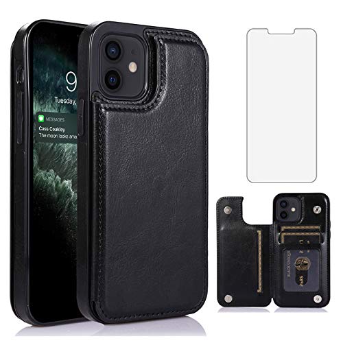 Étui portefeuille iPhone 12 Pro Asuwish avec protège-écran verre trempé noir