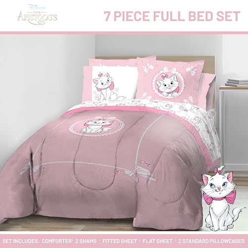 Image of Jay Franco Disney Aristocats Marie Full Sized Comforter Set - 7 Piece Bedding Includes Sheet Set & Pillow Covers - Super Soft Cozy White Kitty Bedding