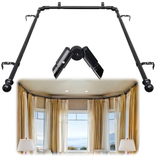 ERVNYNT Bay Window Curtain Rods，146-187 inch Black 1 Inch Diamer Adjustable Sturdy Bay Window...